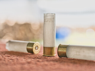 Shotgun shells on a red background at a shooting range © saksuvan