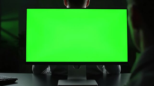 Green Screen close up of monitor in office employee working at computer sitting desk view from back scene 4 with distortion, overlay, glitch, static noise, scan lines on black background, 4k animated