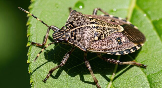 Detailed macro of a brown marmorated stink bug resting on a vibrant green leaf in natural sunlight