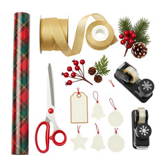 Festive christmas wrapping supplies arranged for holiday gifts on transparent background