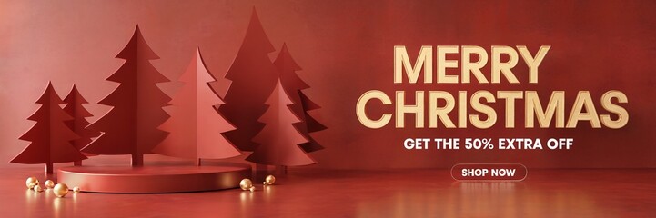 Merry Christmas sale promotion with festive 50% off deal and golden Christmas trees for your holiday marketing campaigns now