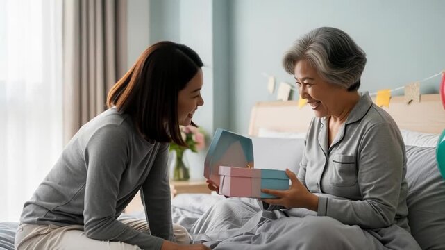 Heartwarming motherdaughter gift exchange in cozy bedroom setting - Powered by Adobe