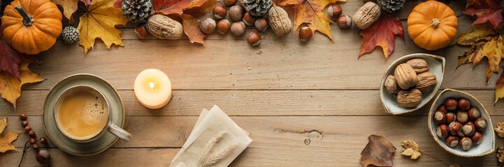 Cozy autumn vibes with pumpkins, nuts, and warm coffee create a relaxing seasonal harvest on rustic wood for Thanksgiving holiday decor