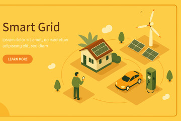 Tecnología de cuadrícula inteligente con energía renovable. Generadores de energía eólica y paneles solares conectados a Smart House y a automóviles eléctricos. Sostenibilidad y energía ecológica. Ilu