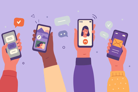 Los j&oacute;venes usan smartphones y surf en medios sociales. Chicos y chicas hablando, viendo video, haciendo fotos de "me gusta". Personajes hombres y mujeres hablan en aplicaci&oacute;n m&oacute;vil. Ilustraci&oacute;n de ve