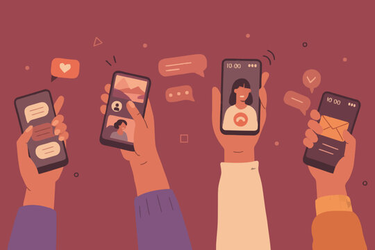 Los j&oacute;venes usan smartphones y surf en medios sociales. Chicos y chicas hablando, viendo video, haciendo fotos de "me gusta". Personajes hombres y mujeres hablan en aplicaci&oacute;n m&oacute;vil. Ilustraci&oacute;n de ve