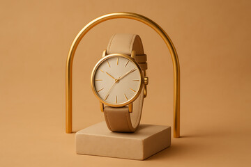 Elegant minimalist watch with gold accents showcased on pedestal
