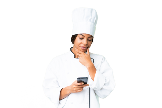 Young African American chef over isolated chroma key background thinking and sending a message