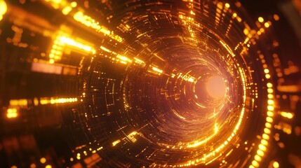 Abstract golden light tunnel transmitting digital data