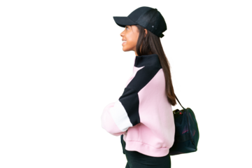 Young sport African American woman with sport bag over isolated chroma key background in lateral position