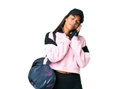Young sport African American woman with sport bag over isolated chroma key background making sleep gesture in dorable expression - Powered by Adobe