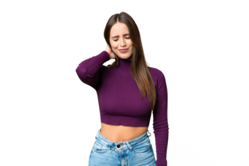 Young beautiful woman over isolated chroma key background with neckache