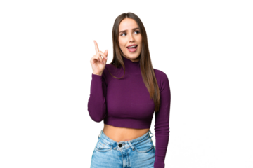 Young beautiful woman over isolated chroma key background intending to realizes the solution while lifting a finger up