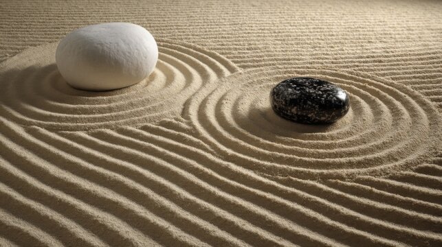A meticulously raked Japanese Zen sand garden with concentric ripples surrounds two smooth stones,