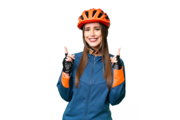 Young cyclist woman over isolated chroma key background pointing up a great idea