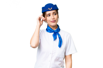 Airplane stewardess over isolated chroma key background having doubts and with confuse face expression