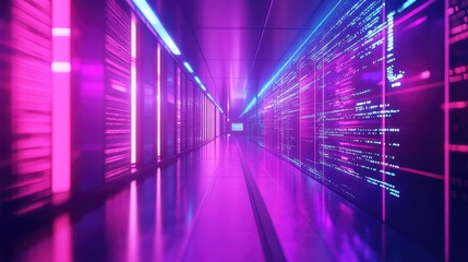 Server room with data processing and glowing neon lights