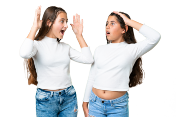 Friends girls holding gift and a birthday cake over isolated chroma key background with surprise and shocked facial expression