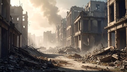 Fototapeta premium A city street lies devastated, filled with rubble and dust, buildings shattered by war, beneath a hazy sky