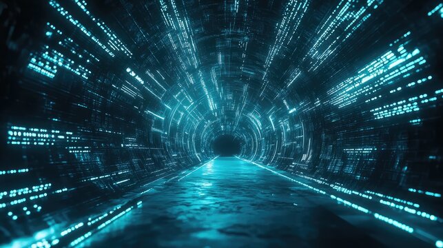 Digital data flowing through abstract futuristic tunnel network