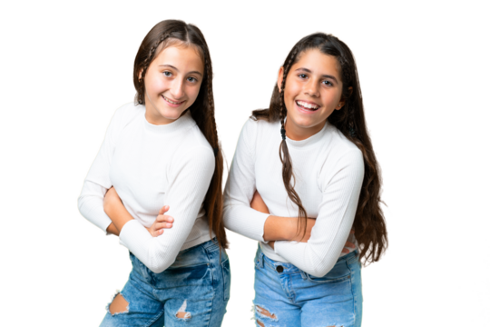 Friends girls holding gift and a birthday cake over isolated chroma key background keeping the arms crossed while smiling - Powered by Adobe