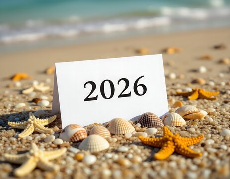 A beach scene with seashells and starfish on a sandy beach with a blank paper with the number 2026 on it