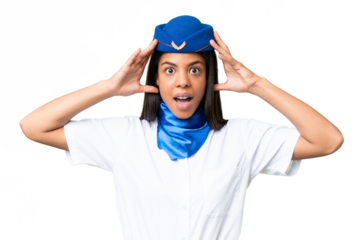 Airplane stewardess African american woman over isolated background with surprise expression