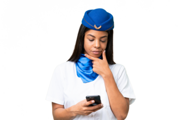 Airplane stewardess African american woman over isolated background thinking and sending a message