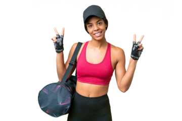 Young sport African american woman with sport bag over isolated background showing victory sign with both hands