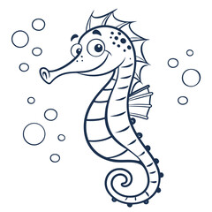 Cartoon Seahorse with Bubbles on White Background Outline