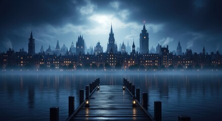 London skyline at night featuring the Houses of Parliament, Big Ben, and Westminster Bridge over the River Thames