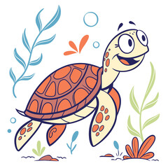Cartoon Sea Turtle with Orange Shell on White Background