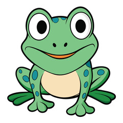Cartoon Smiling Green Frog on White Background, Cute Animal