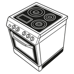 Isometric art shows black and white freestanding range with four electric burners