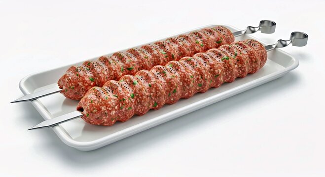 Three Dimensional Render of Raw Kabob Koobideh Meat Mixture Shaped on Metal Skewers