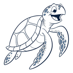 Cartoon Smiling Sea Turtle Outline on White Background