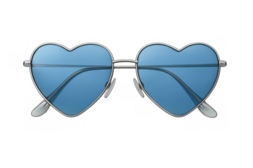 Blue heart shape sunglasses with silver frame offering a protective eyewear solution on a transparent background