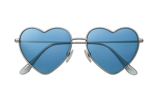 Blue heart shape sunglasses with silver frame offering a protective eyewear solution on a transparent background