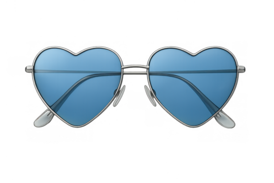 Blue heart shape sunglasses with silver frame offering a protective eyewear solution on a transparent background