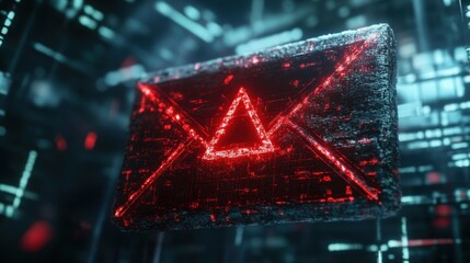 Digital red envelope symbol with glowing triangular sender icon, representing electronic message transmission in cyber environments