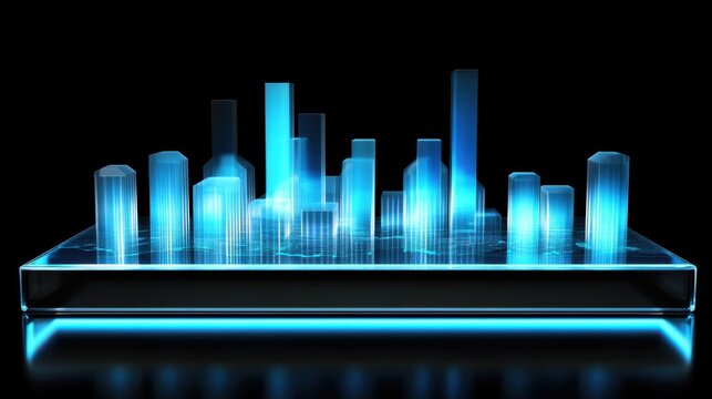 Futuristic Digital Cityscape with Illuminated Skyscrapers in Blue and Transparent Design on a Reflective Surface