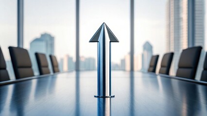 Metal arrow symbol on conference table with city skyline in background