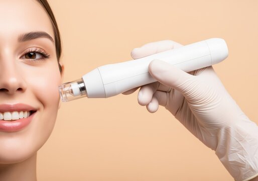 Professional microneedling treatment on a smiling woman using a modern dermapen device