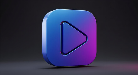 Play Button Icon: 3D Render, Blue Purple Gradient, Dark Background