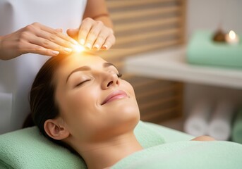 Relaxed woman receiving energy healing touch therapy on forehead at spa
