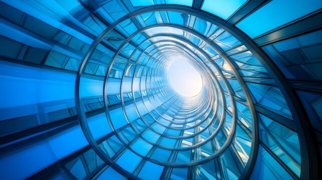 A mesmerizing view of a spiral architectural structure. The blue hues create a sense of depth and movement. Light radiates from the center, inviting exploration. Generative AI