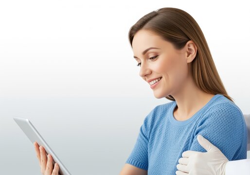 Smiling woman patient reviewing medical data on a tablet during doctor consultation