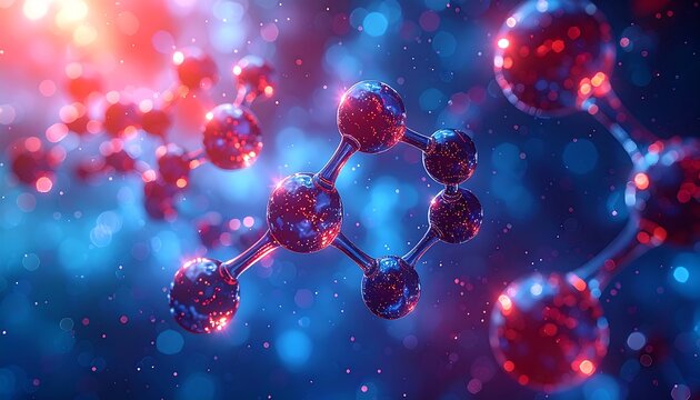 Abstract atoms connected, illuminated in red and blue bokeh lights, showing structure with interconnected circles