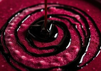 Extreme macro shot of dark viscous syrup pouring in a spiral onto a red textured dessert
