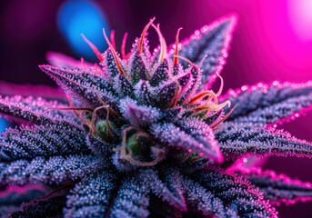 Deep purple cannabis bud covered in crystalline trichomes under vibrant pink and blue grow lights
